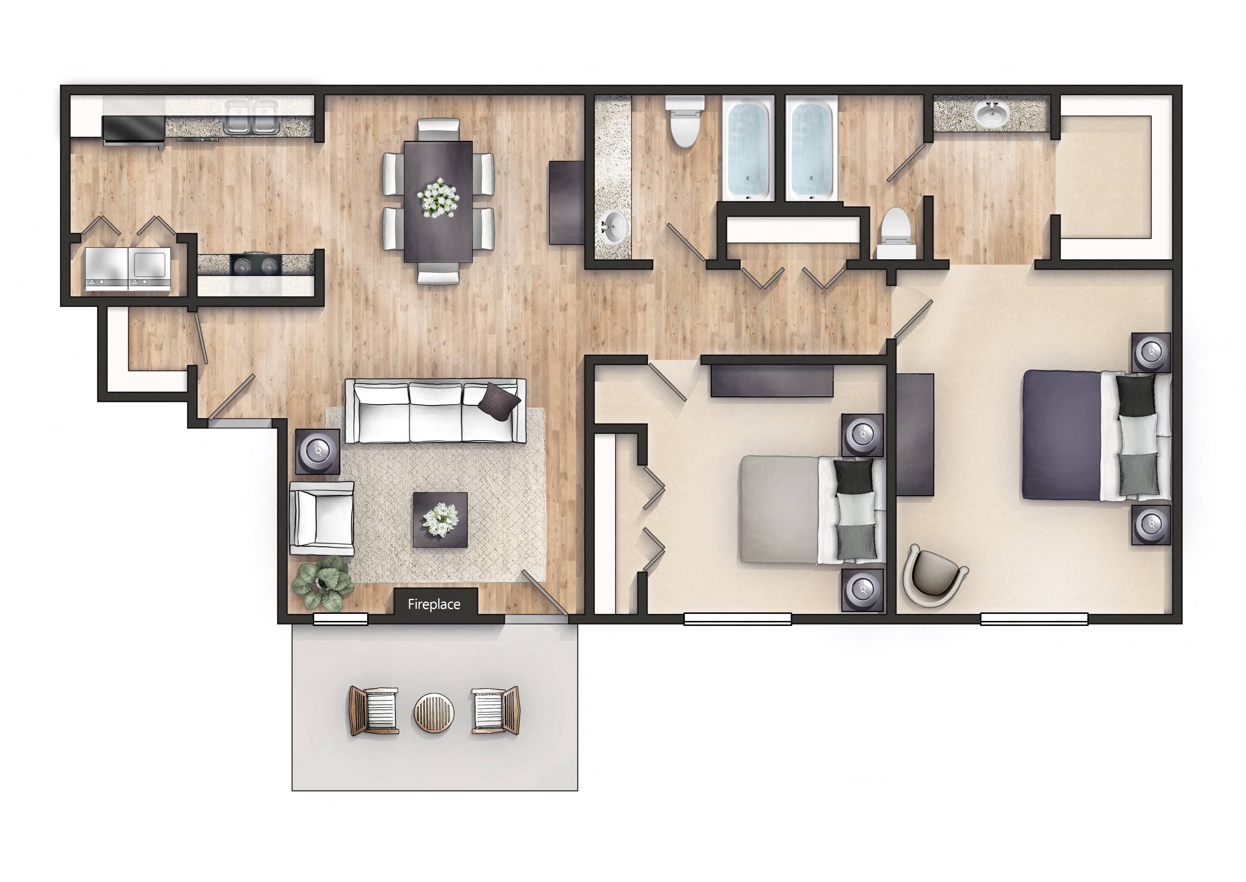 Fleur Floor Plan 1014 Square-Foot Fleur Floor Plan at Mirabelle Apartments, Mobile, AL
